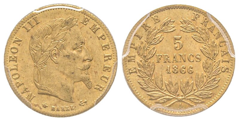 Second Empire 1852-1870
5 Francs tête laurée, Paris, 1866 A, AU 1.61 g.
Ref : G....