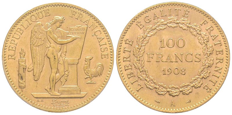 Troisième République 1870-1940
100 Francs, Paris, 1908 A, AU 32.25 g. 
Ref : G.1...