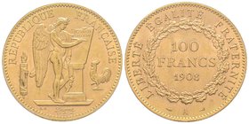 Troisième République 1870-1940
100 Francs, Paris, 1908 A, AU 32.25 g. 
Ref : G.1137a, Fr. 590 
PCGS MS62