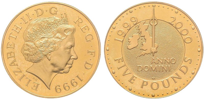 Elizabeth II -
5 Pounds Millenium, 1999, AU 40 g. 917‰ 
Ref : Spink 4552
PCGS PR...