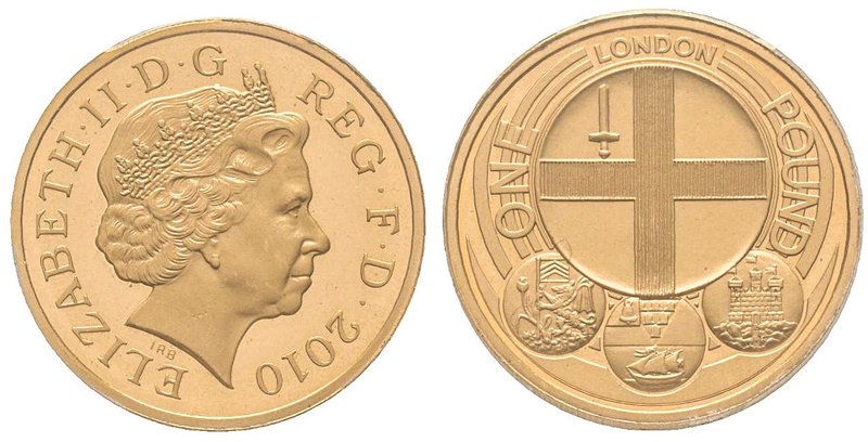 Elizabeth II 1952-
One Pound, 2010, London Arms, AU 19.61 g. 917‰
Ref : Spink J2...