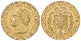 Carlo Felice 1821-1831
80 lire, Torino, 1825 (L), AU 25.8 g.
Ref : MIR 1032e, Pag. 26, Fr. 1132 
PCGS MS61
