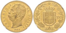 Umberto I 1878-1900
100 lire, Roma, 1888 R, AU 32.25 g.
Ref : MIR 1096d (R2), Pag. 570, Fr. 18
NGC MS61
Quantité: 1.169 exemplaires. Très Rare