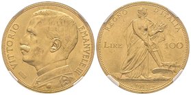 Vittorio Emanuele III 1900-1943
100 lire, Roma, 1912 R, AU 32.25 g.
Ref : MIR 1115b (R2), Pag. 641, Fr. 26
NGC MS63