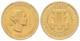 Luxembourg, Charlotte 1919-1964
Essai de 20 Francs, 1963, Millénaire de Luxembourg, AU 6.45 g.
Ref : X#M2b 
PCGS SP66