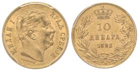 Serbia, 10 Dinara, 1882 V, AU 3.22 g.
Ref : Fr. 5, KM#16 
PCGS MS61