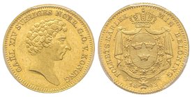 Sweden, 
Carl XIV Johan 1818-1844 (général Jean-Baptiste Bernadotte)
Ducat, 1843 AG, AU 3.49 g.
Ref : Fr. 87, KM#628a 
PCGS MS64