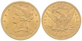 10 Dollars, San Francisco, 1901 S, AU 16.71 g.
Ref : Fr. 160, KM#102 
PCGS MS64