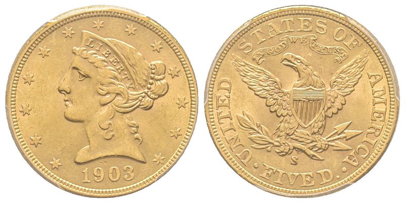 5 Dollars, San Francisco, 1903 S, 8.35 g.
Ref : Fr. 145, KM#129 
PCGS UNC Deatil