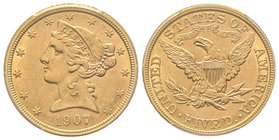 5 Dollars, Philadelphia, 1907, 8.35 g.
Ref : Fr. 143, KM#129
PCGS MS61