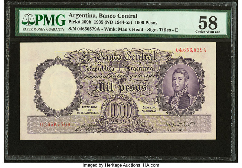 Argentina Banco Central 1000 Pesos 1935 28.3.1935 Pick 269b PMG Choice About Unc...
