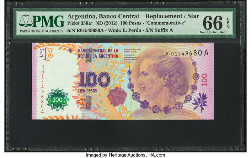 Argentina Banco Central 100 Pesos ND (2012) Pick 358a* Replacement PMG Gem Uncir...
