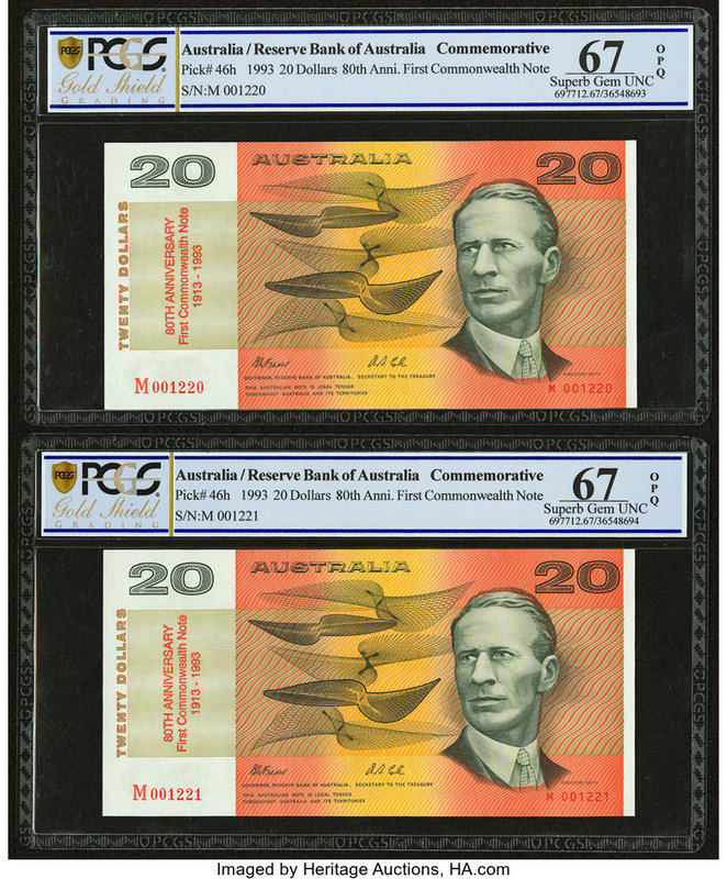 Australia Australia Reserve Bank 20 Dollars 1933 Pick 46h R413 Two Consecutive E...