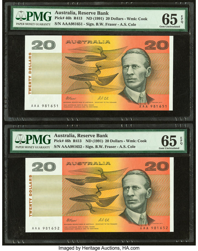 Australia Australia Reserve Bank 20 Dollars ND (1991) Pick 46h R413 Two Consecut...