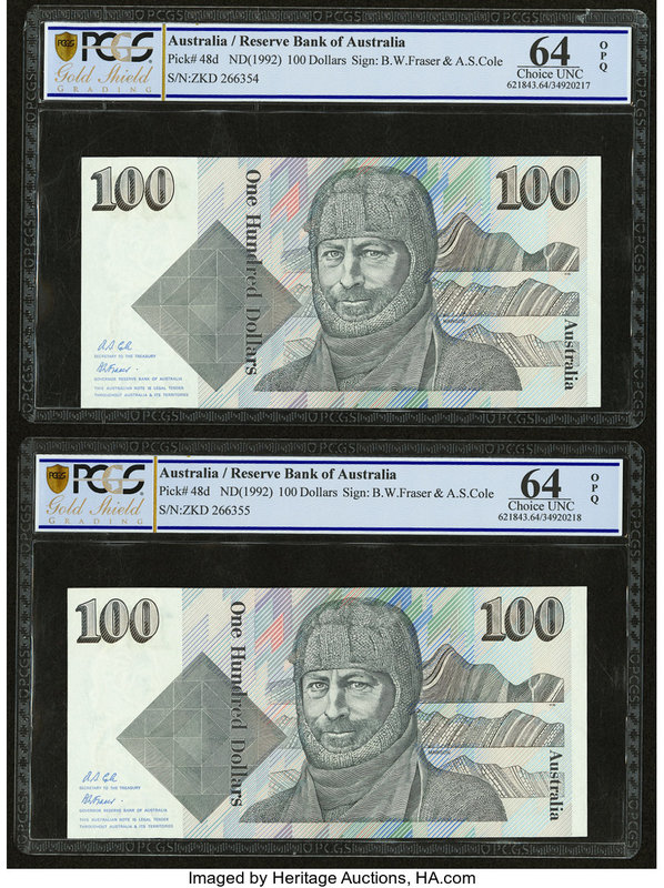Australia Australia Reserve Bank 100 Dollars ND (1992) Pick 48d R613 Two Consecu...