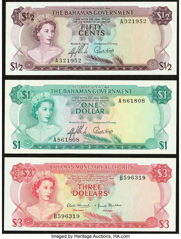 Bahamas Bahamas Government 1/2; 1; 3 Dollars 1965; 1968 Pick 17; 18; 28 Three Ex...