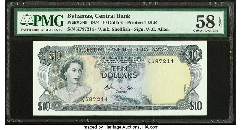 Bahamas Central Bank 10 Dollars 1974 Pick 38b PMG Choice About Unc 58 EPQ. 

HID...