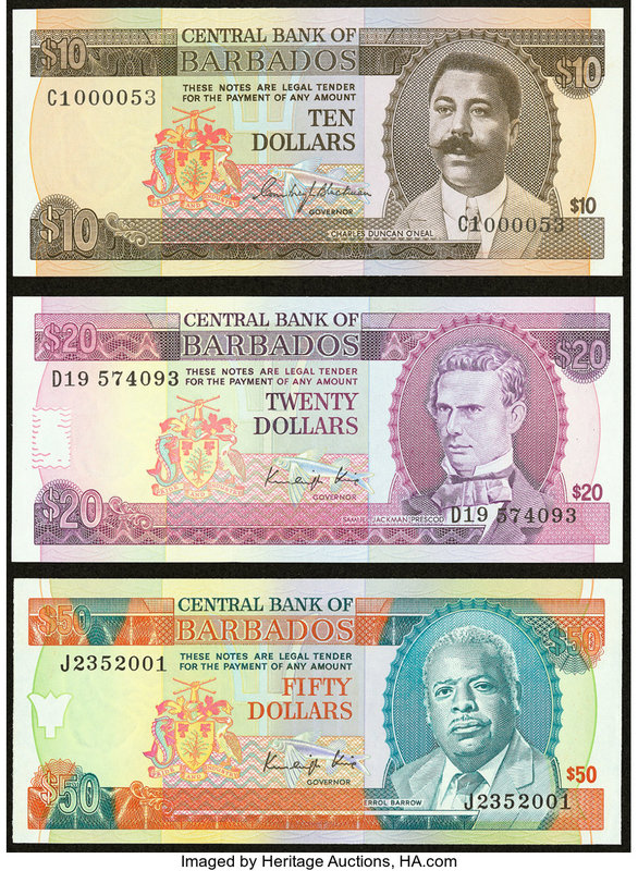 Barbados Central Bank 10; 20; 50 Dollars ND (1973; 1986) Pick 33; 39; 40 Crisp U...