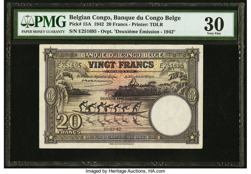 Belgian Congo Banque du Congo Belge 20 Francs 10.3.1942 Pick 15A PMG Very Fine 3...