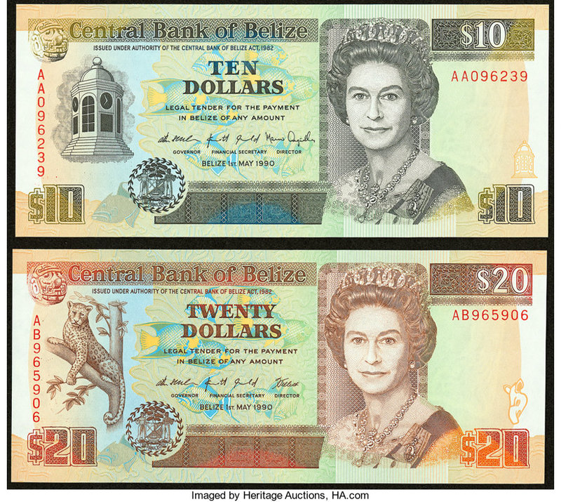 Belize Central Bank 10; 20 Dollars 1.5.1990 Pick 54; 55 Two Examples Crisp Uncir...
