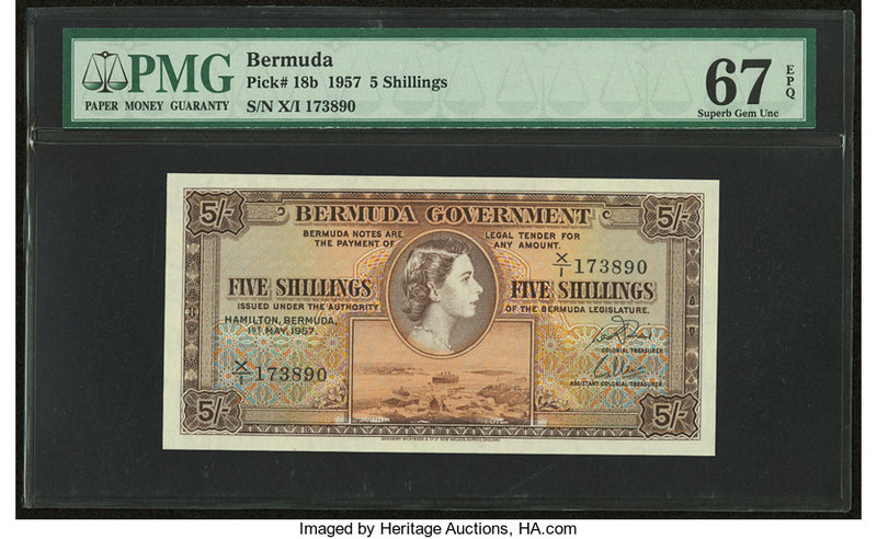 Bermuda Bermuda Government 5 Shillings 1.5.1957 Pick 18b PMG Superb Gem Unc 67 E...