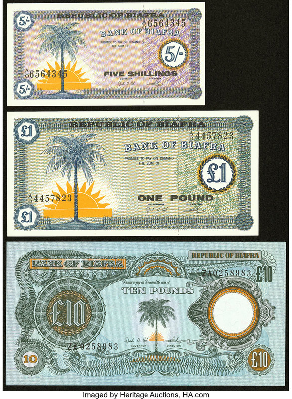 Biafra Bank of Biafra 5 Shillings; 1 Pound; 10 Pounds ND (1967-69) Pick 1; 2; 7b...