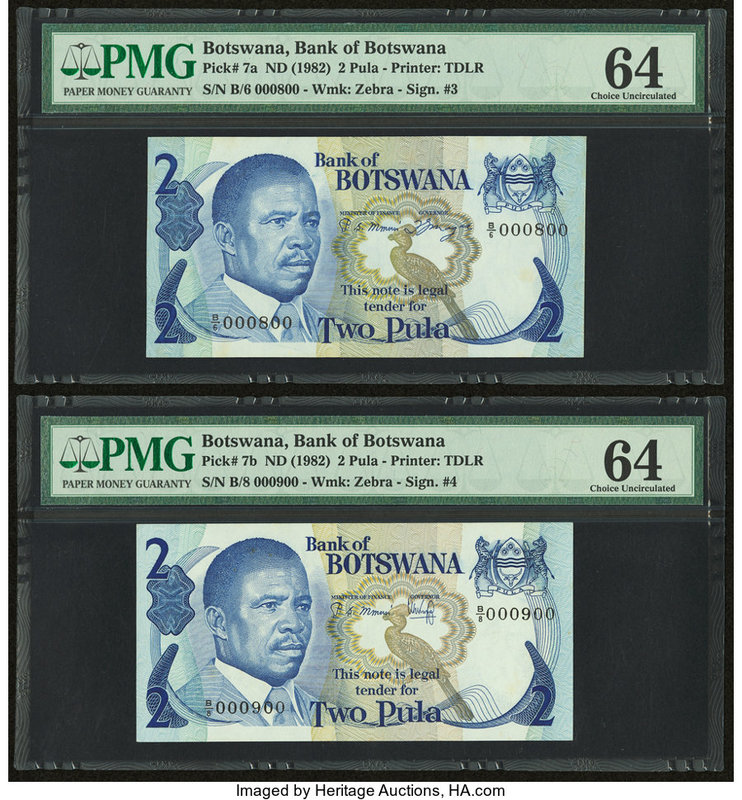 Botswana Bank of Botswana 2 Pula ND (1982) Pick 7a; 7b Two Examples PMG Choice U...