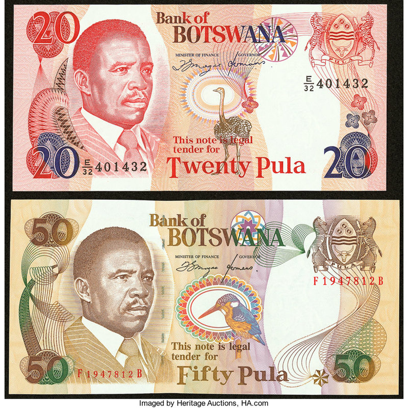 Botswana Bank of Botswana 20; 50 Pula ND (1993; 1992) Pick 13; 14 Crisp Uncircul...