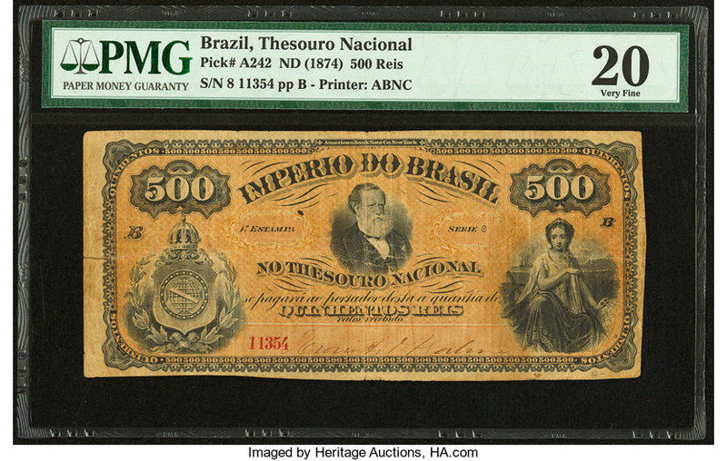 Brazil Thesouro Nacional 500 Reis ND (1874) Pick A242 PMG Very Fine 20. Tears.

...