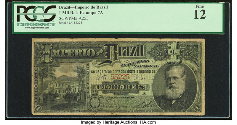 Brazil Thesouro Nacional 1 Mil Reis ND (1869-83) Pick A255 PCGS Fine 12. 

HID09...