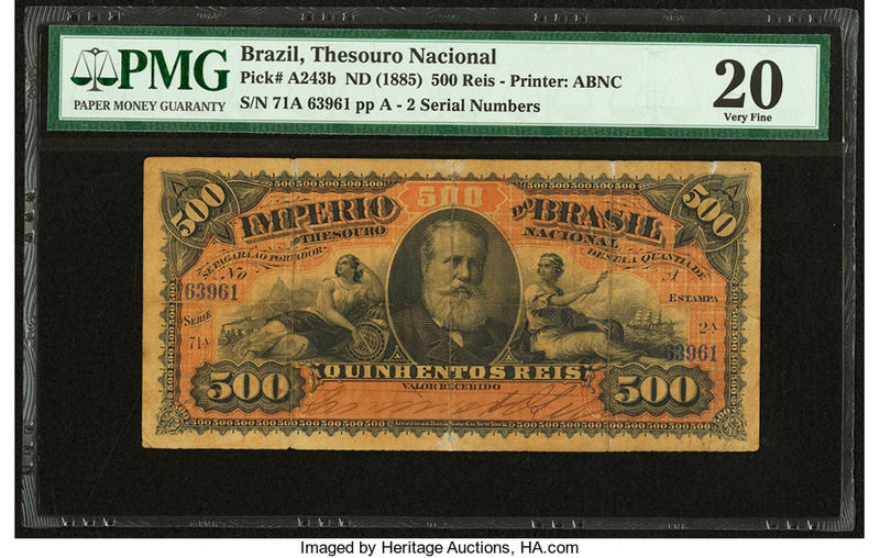 Brazil Thesouro Nacional 500 Reis ND (1885) Pick A243b PMG Very Fine 20. Repaire...