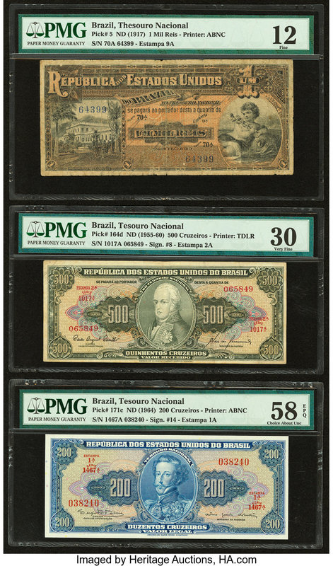 Brazil Thesouro Nacional 1 Mil Reis; 500; 200 Cruzeiros ND (1917); ND (1955-60);...
