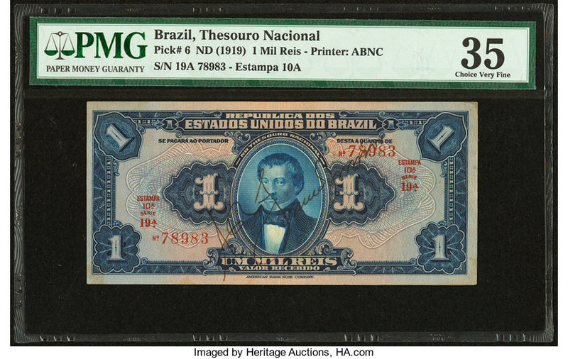 Brazil Thesouro Nacional 1 Mil Reis ND (1919) Pick 6 PMG Choice Very Fine 35. St...