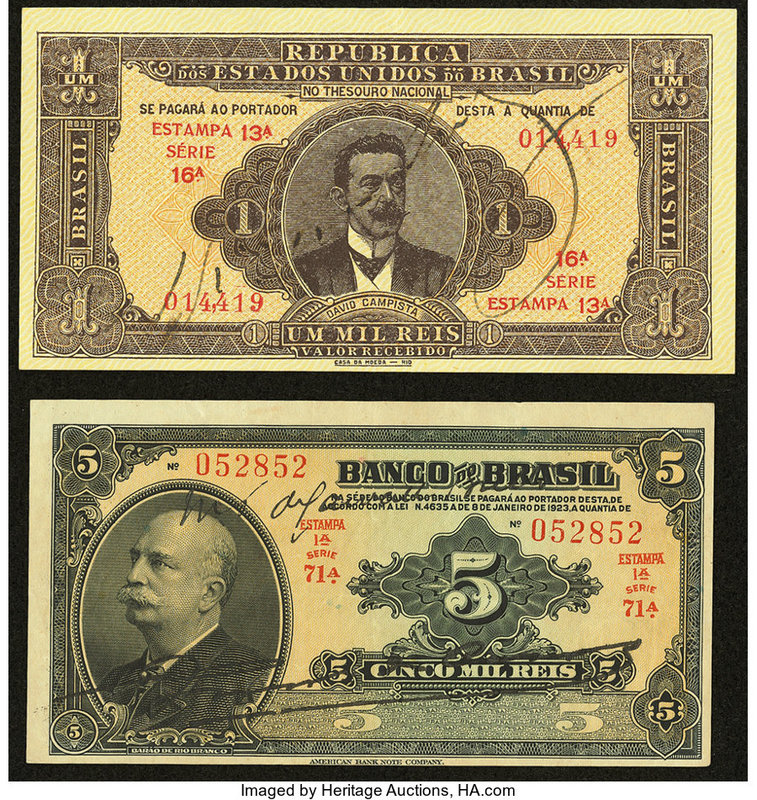 Brazil Thesouro Nacional 1 Mil Reis E. 13A (1923) Pick 9; Banco De Brasil 5 Mil ...