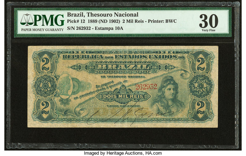 Brazil Thesouro Nacional 2 Mil Reis 1889 (ND 1902) Pick 12 PMG Very Fine 30. 

H...
