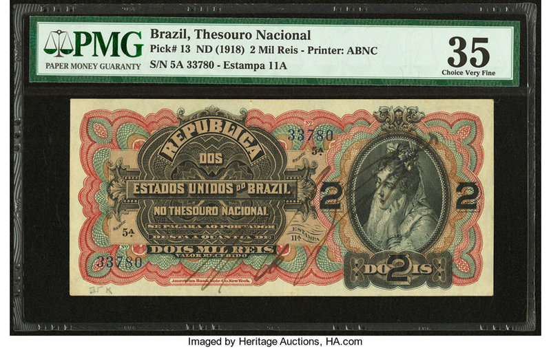 Brazil Thesouro Nacional 2 Mil Reis ND (1918) Pick 13 PMG Choice Very Fine 35. A...