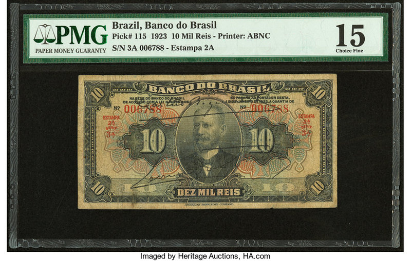 Brazil Banco do Brasil 10 Mil Reis 1923 Pick 115 PMG Choice Fine 15. 

HID098012...