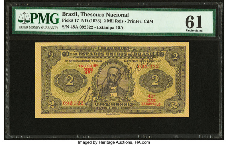 Brazil Thesouro Nacional 2 Mil Reis ND (1923) Pick 17 PMG Uncirculated 61. Inter...