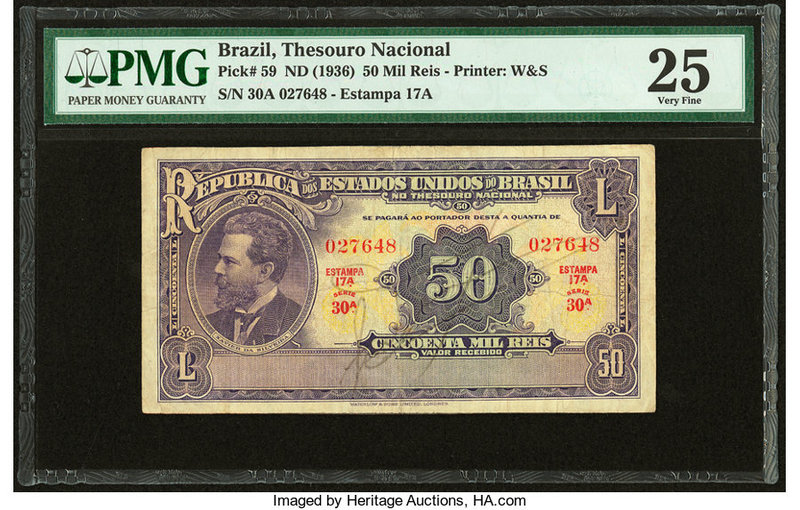 Brazil Thesouro Nacional 50 Mil Reis ND (1936) Pick 59 PMG Very Fine 25. 

HID09...