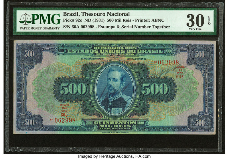 Brazil Thesouro Nacional 500 Mil Reis ND (1931) Pick 92c PMG Very Fine 30 EPQ. 
...