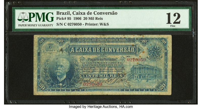 Brazil Caixa de Conversao 20 Mil Reis 6.12.1906 Pick 95 PMG Fine 12. Rust.

HID0...