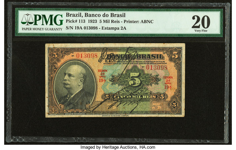 Brazil Banco do Brasil 5 Mil Reis 1923 Pick 113 PMG Very Fine 20. Rust.

HID0980...