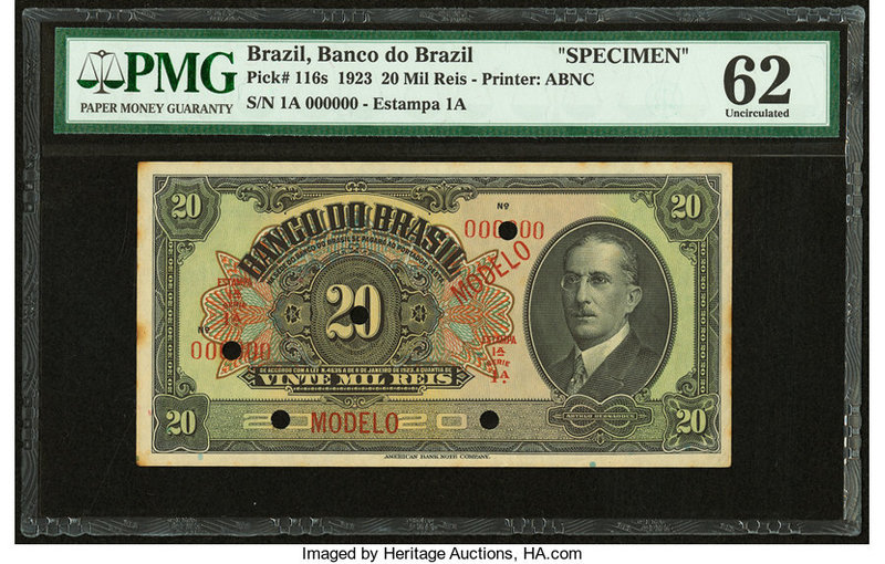 Brazil Banco do Brasil 20 Mil Reis 1923 Pick 116s Specimen PMG Uncirculated 62. ...
