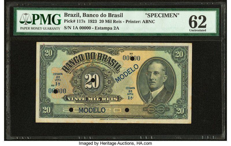 Brazil Banco do Brasil 20 Mil Reis 1923 Pick 117s Specimen PMG Uncirculated 62. ...
