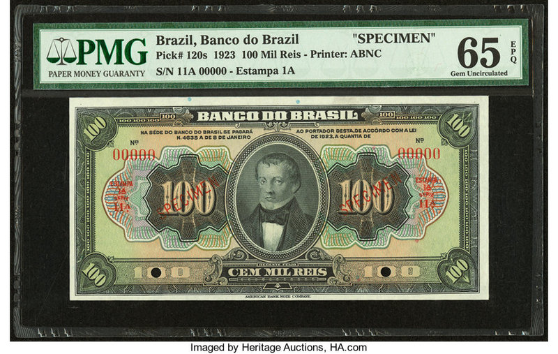 Brazil Banco do Brasil 100 Mil Reis 1923 Pick 120s Specimen PMG Gem Uncirculated...