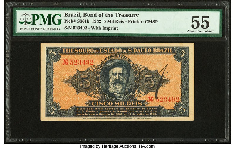 Brazil Bonus do Thesouro 5 Mil Reis 14.7.1932 Pick S861b PMG About Uncirculated ...