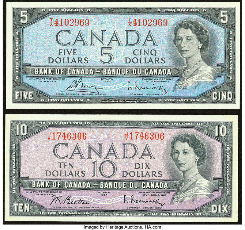Canada Bank of Canada $5; $10 1954 BC-39c; 40b Two Examples Crisp Uncirculated. ...