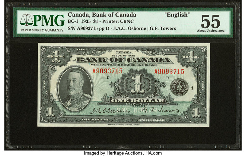 Canada Bank of Canada $1 1935 BC-1 "English" PMG About Uncirculated 55. Minor in...