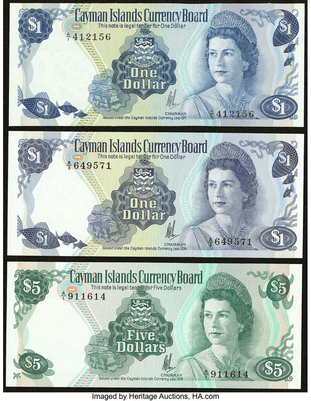 Cayman Islands Currency Board 1 (2); 5 Dollars L. 1971 L. 1974 (2) Pick 1a; 5a; ...