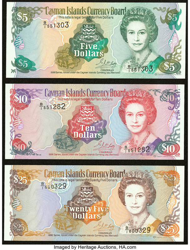 Cayman Islands Currency Board 5; 10; 25 Dollars 1996 Pick 17; 18; 19 Three Examp...